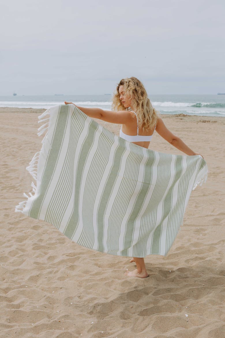 Sauna Stripe Organic Terry Cloth Lined Turkish Towel, Alternate, color, Olive