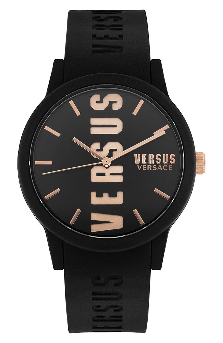 VERSUS Versace Barbes Three-Hand Quartz Silicone Strap Watch, 40mm, Main, color, Black/ Rose Gold