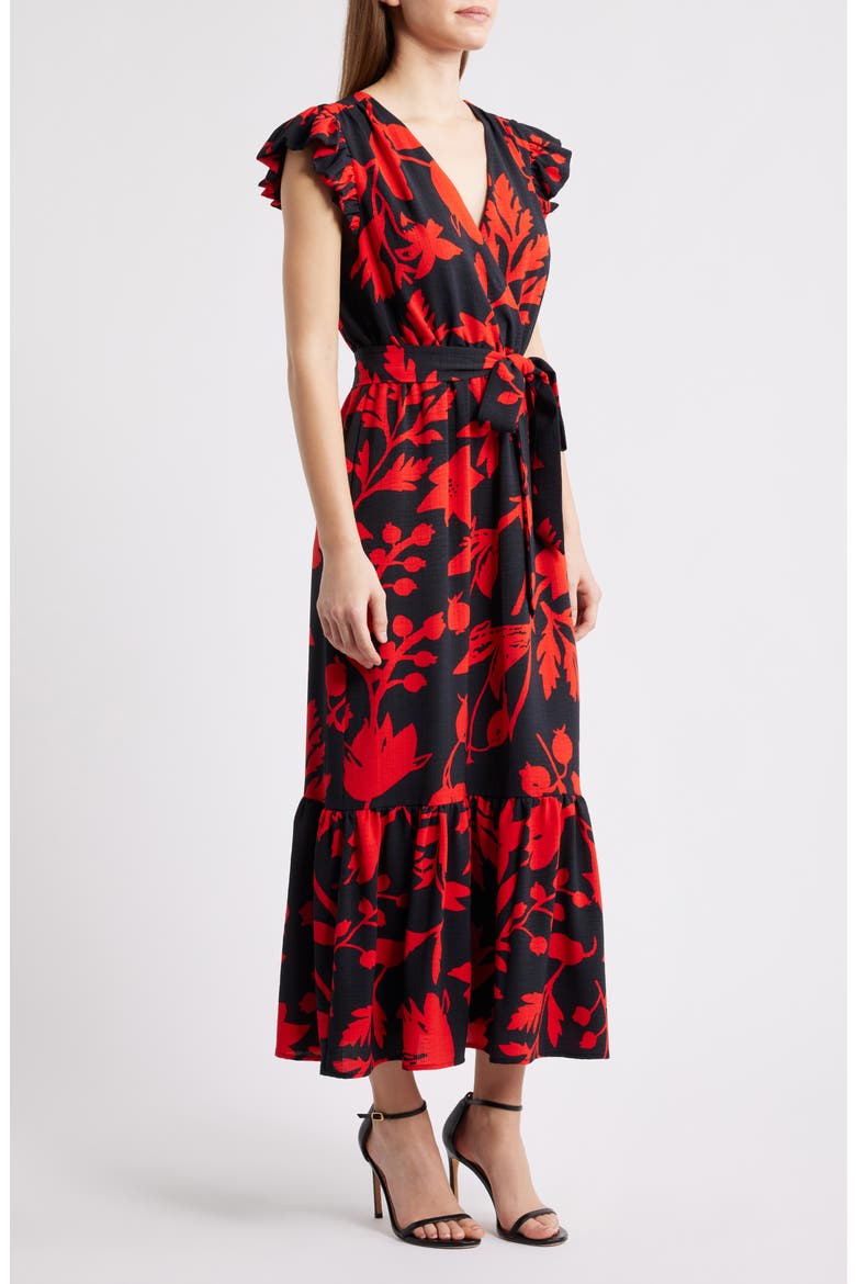 Floral Print Flutter Sleeve Tie Waist Maxi Dress, Alternate, color, BLACK/ RED