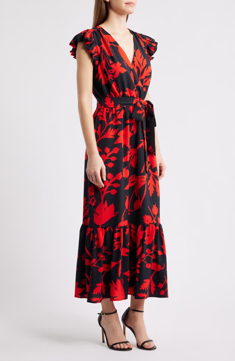 Sam Edelman Floral Print Flutter Sleeve Tie Waist Maxi Dress, Alternate, color, Black/ Red