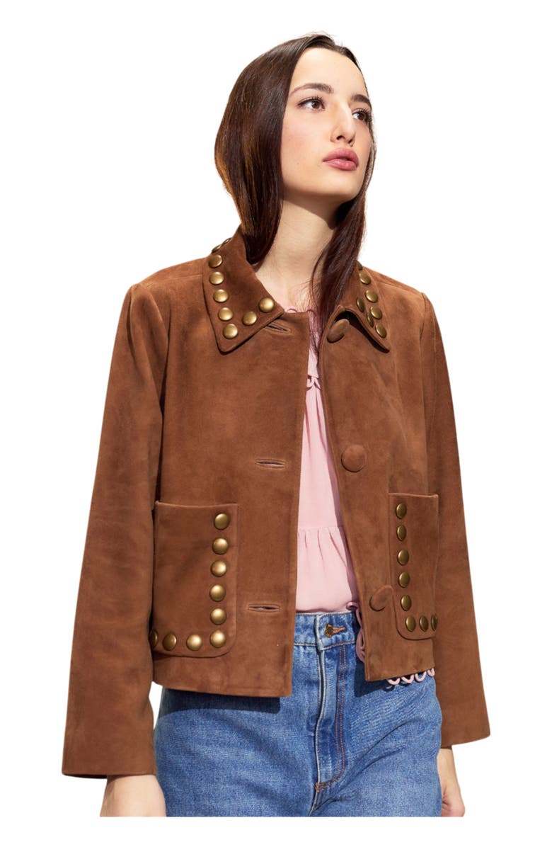Cynthia Rowley Studded Suede Cropped Jacket, Alternate, color, Brown