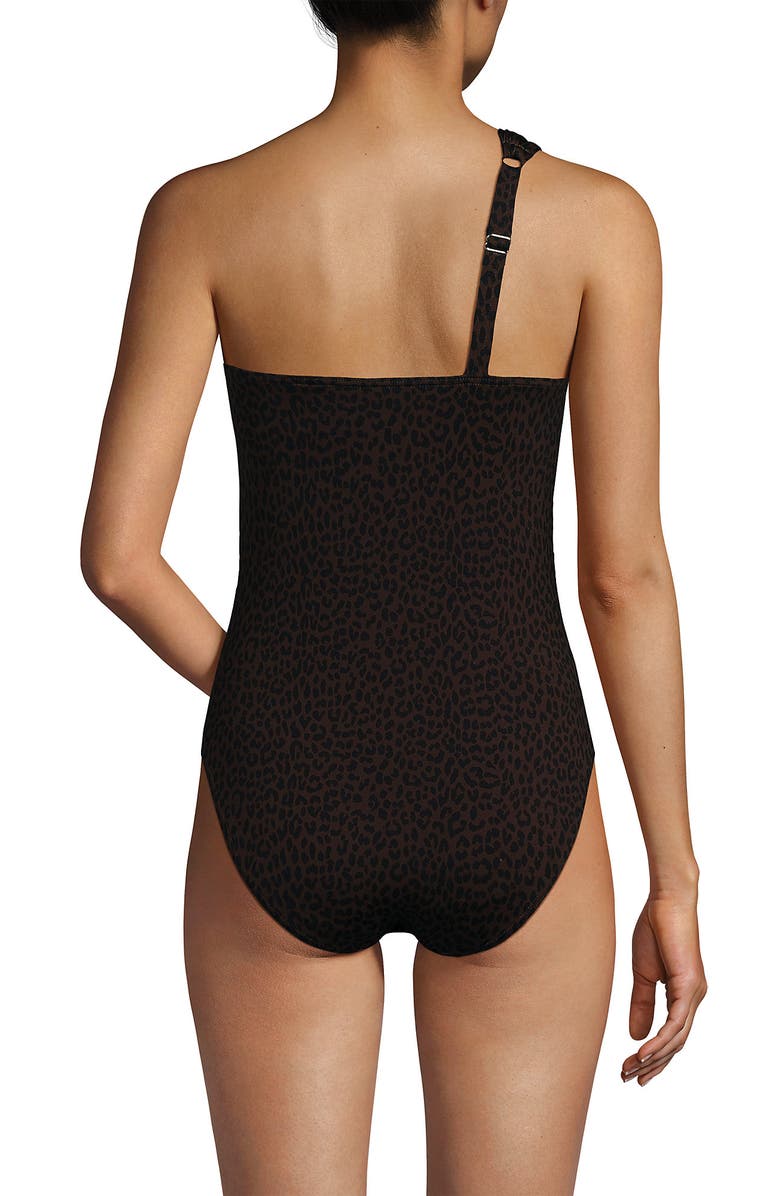 Lands' End Womens Chlorine Resistant Shirred One Shoulder One Piece Swimsuit Removable Adjustable Strap, Alternate, color, Brown Leopard
