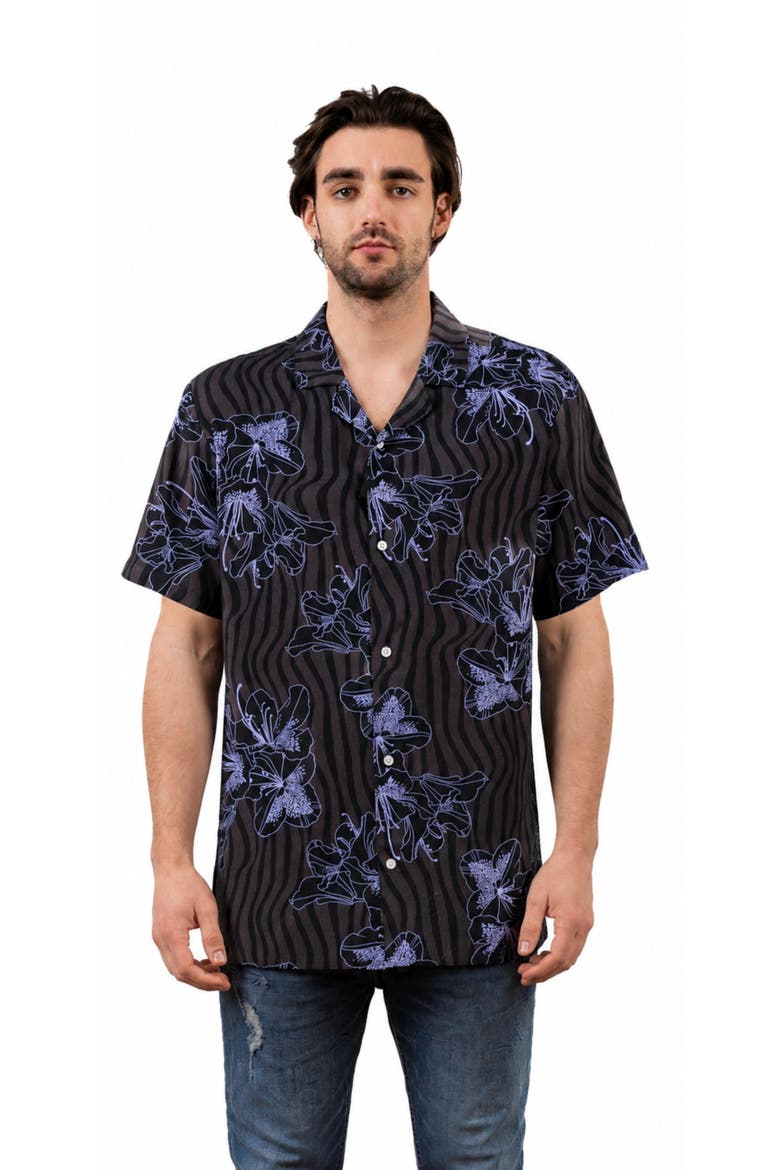 Tropical Print Button-Down Hawaiian Camp Shirt, Main, color, Provence Lavender