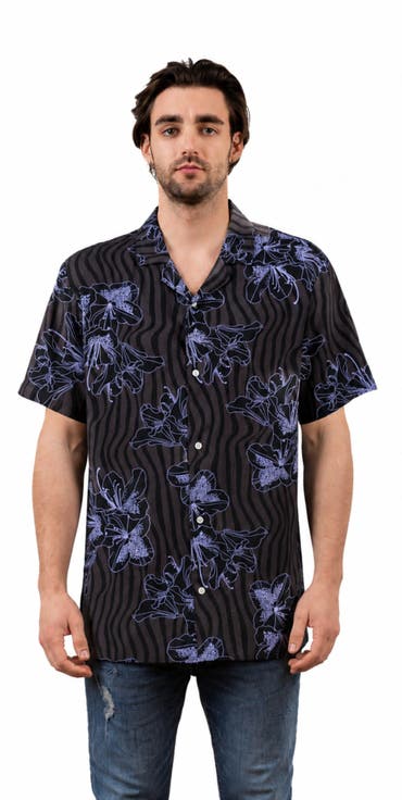 Tropical Print Button-Down Hawaiian Camp Shirt