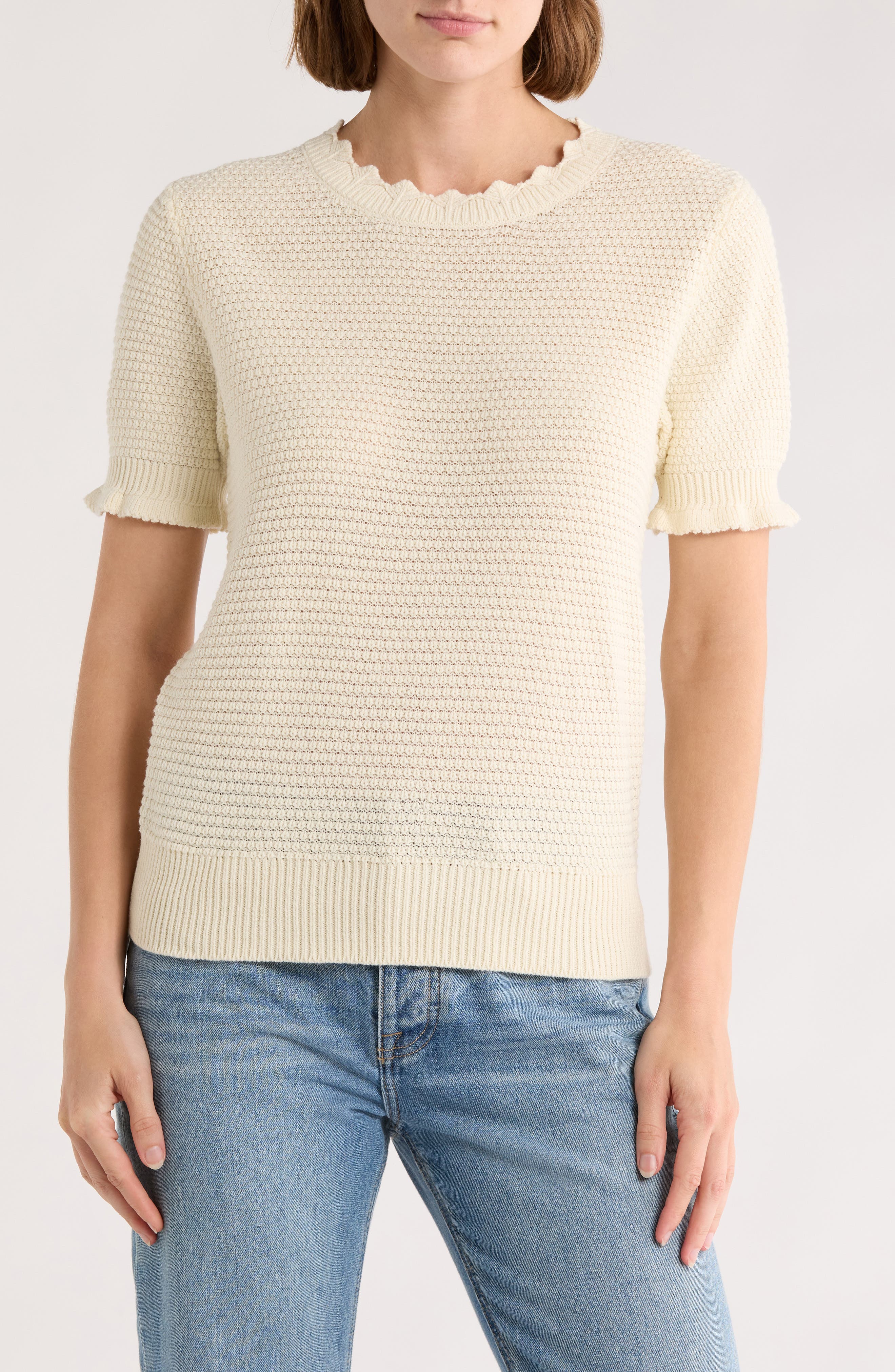 Melrose and Market Scalloped Short Sleeve Cotton Blend Sweater