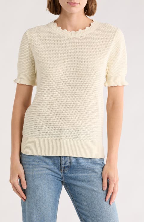 Scalloped Short Sleeve Cotton Blend Sweater
