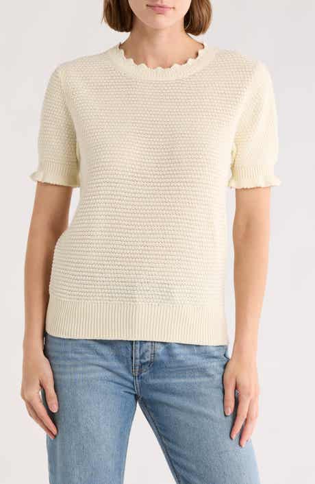 Melrose and Market Scalloped Short Sleeve Cotton Blend Sweater