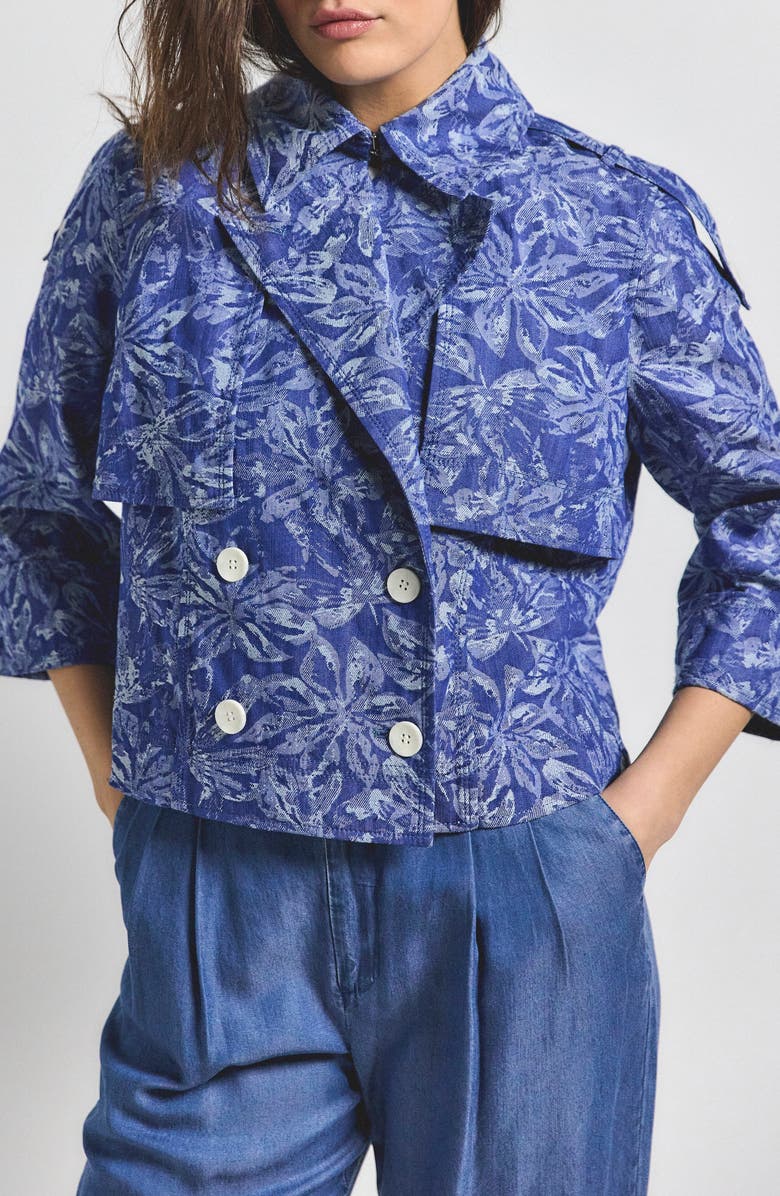 Derek Lam 10 Crosby Elijah Floral Cotton Blend Double Breasted Crop Jacket, Alternate, color, Indigo