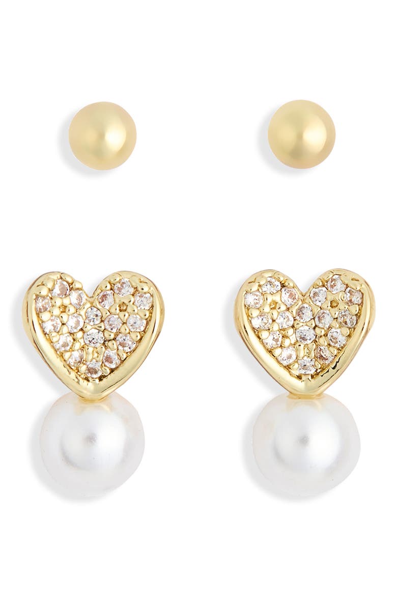 2-Pack Heart Stud Earrings, Main, color, CLEAR- WHITE- GOLD