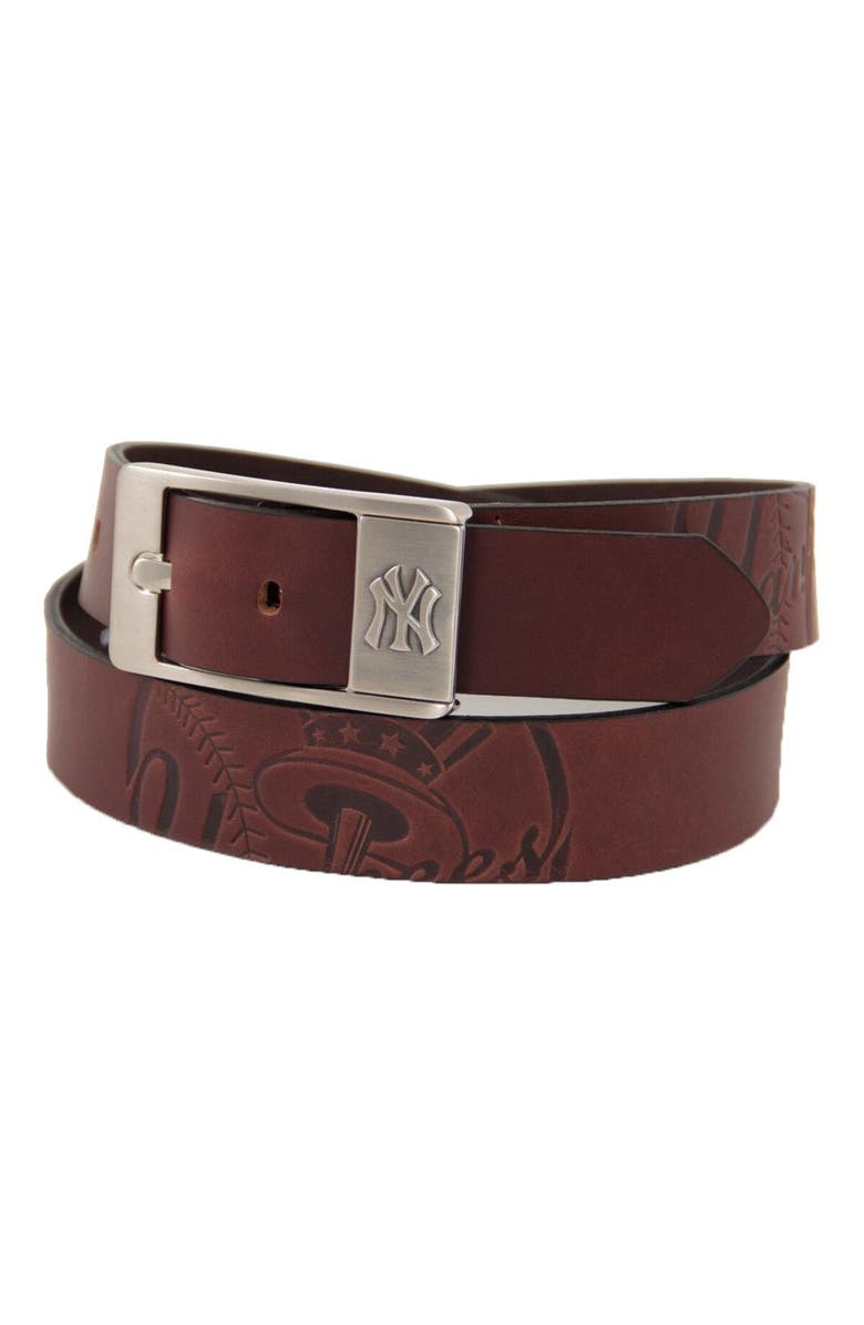 EAGLES WINGS Men's Brown New York Yankees Brandish Leather Belt, Main, color, Brown