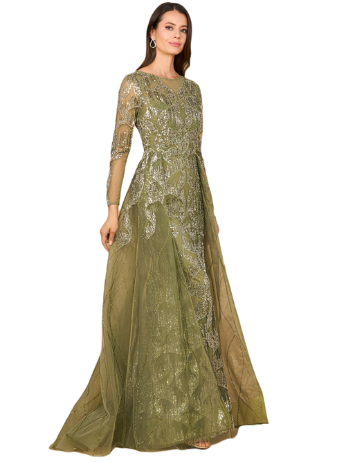 Lara New York Long Sleeve Gown With Overskirt & High Neck In Green