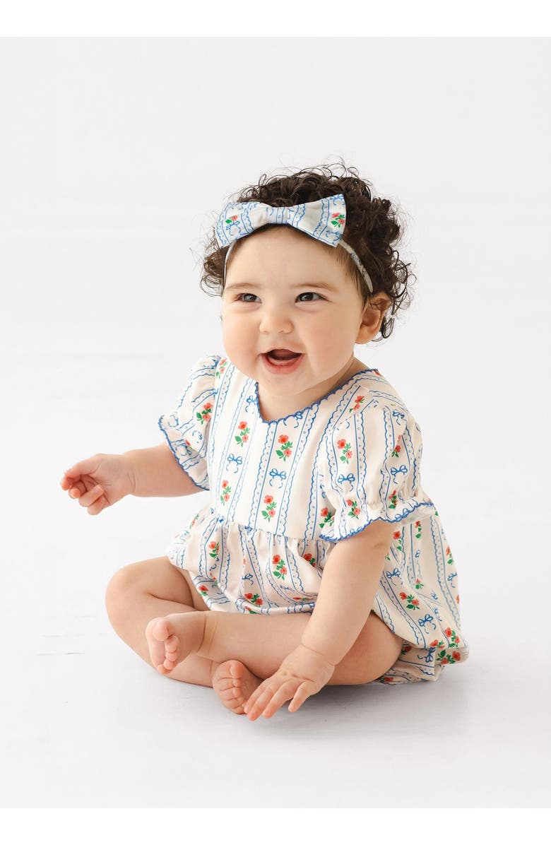 Mabel + Honey Blooms and Bows Short Gathered Ruffle Sleeve Romper, Alternate, color, Blue