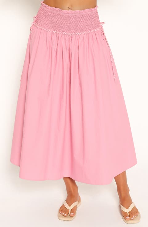 Orielle Smocked Waist Cotton Midi Skirt