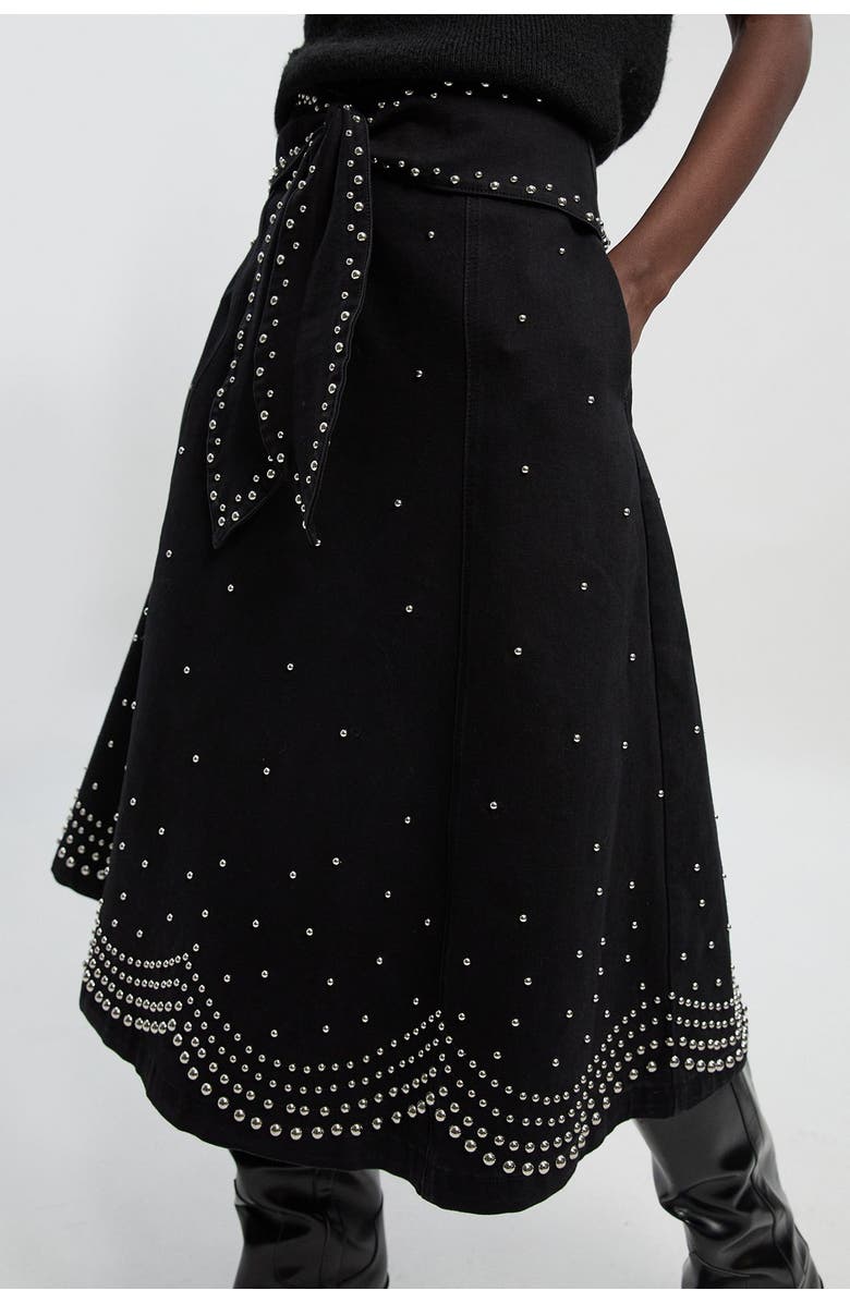 Karen Millen Studded Tie Belt Midi Skirt, Main, color, Black