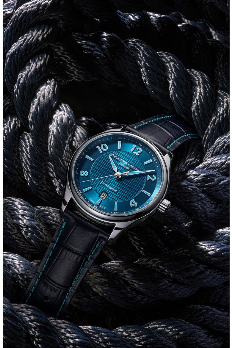 Runabout Leather Strap Watch, 42mm, Alternate, color, BLUE