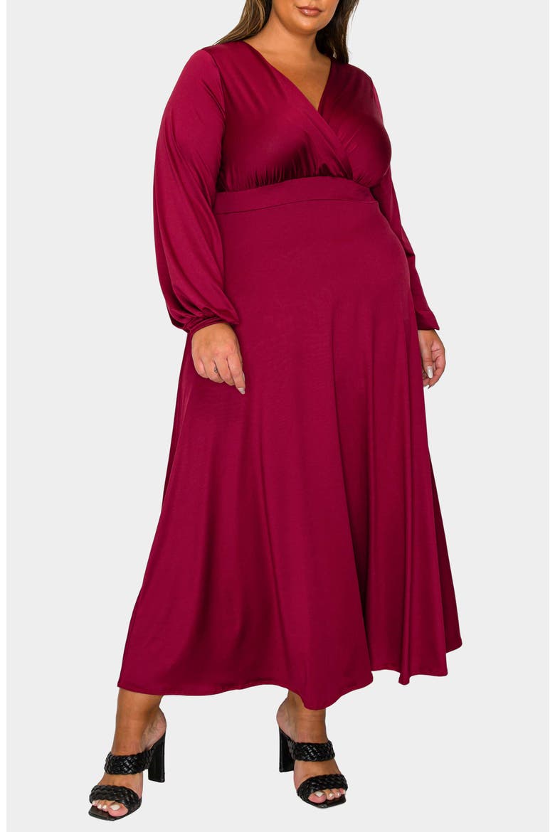 Sophia Surplice Neck Long Sleeve Satin Maxi Dress, Alternate, color, BURGUNDY