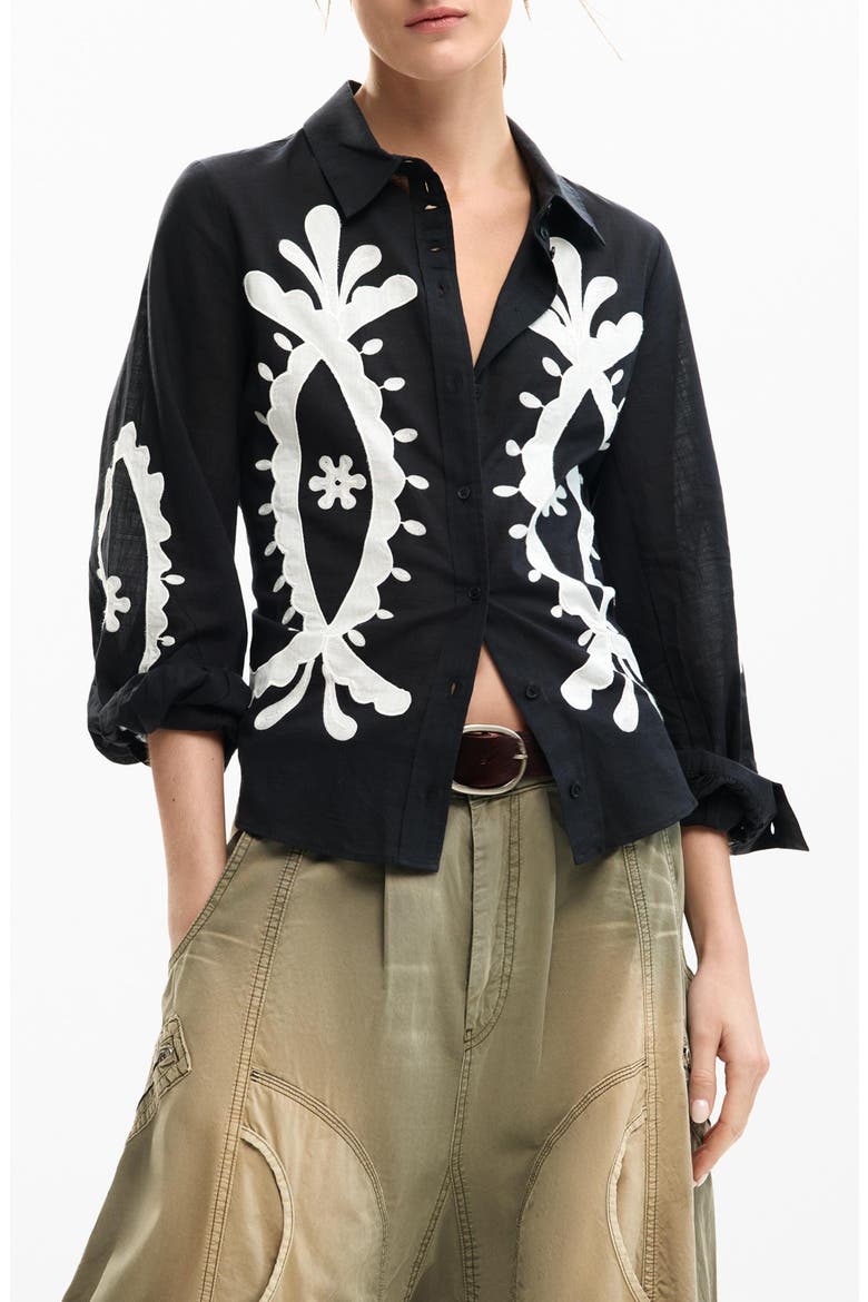 Appliqué Button-Up Shirt, Main, color, BLACK