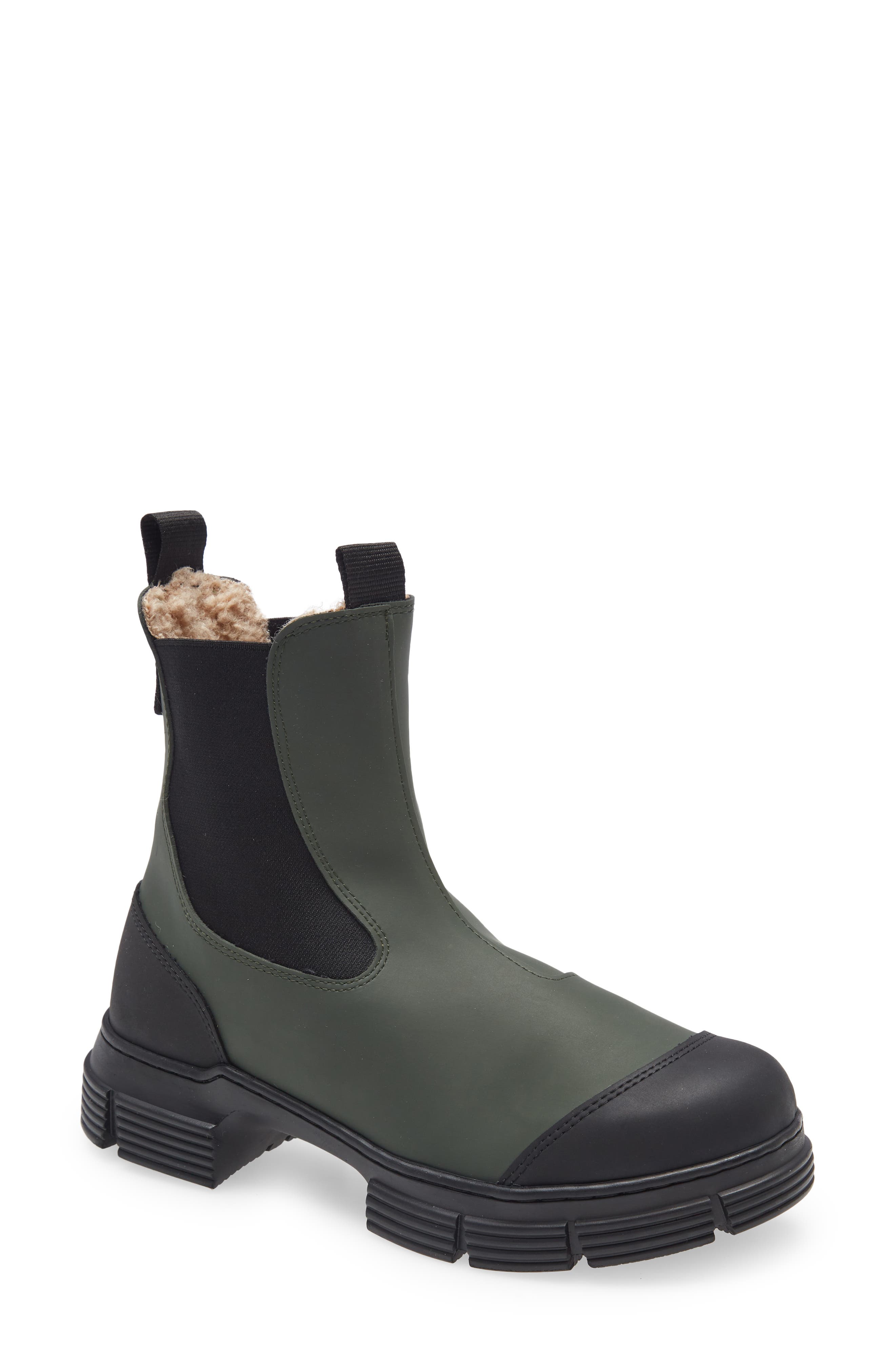 Ganni Faux Fur Lined & Recycled Rubber Chelsea Boot, Main, color, 