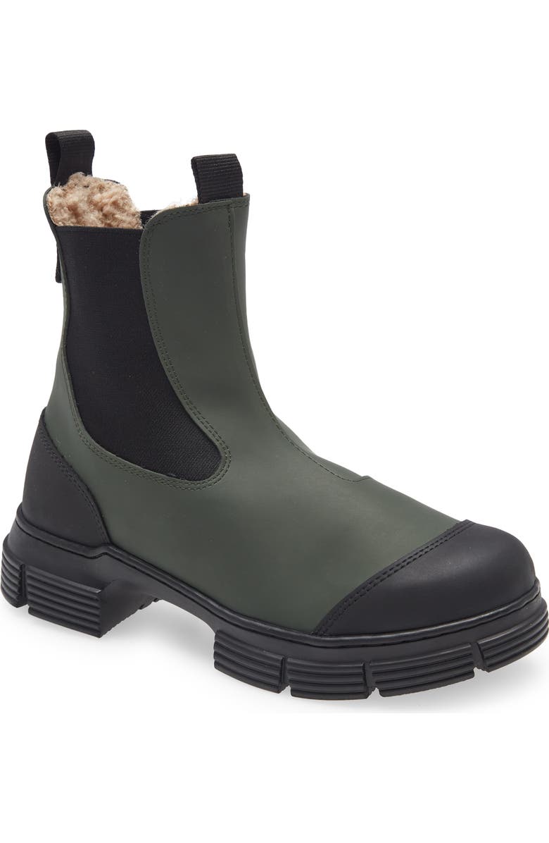 Ganni Faux Fur Lined & Recycled Rubber Chelsea Boot, Main, color,