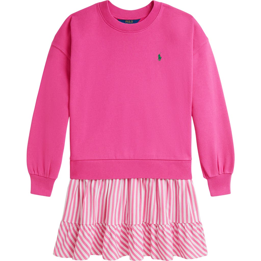 Polo Ralph Lauren Kids' Mixed Media Long Sleeve Dress In Pink