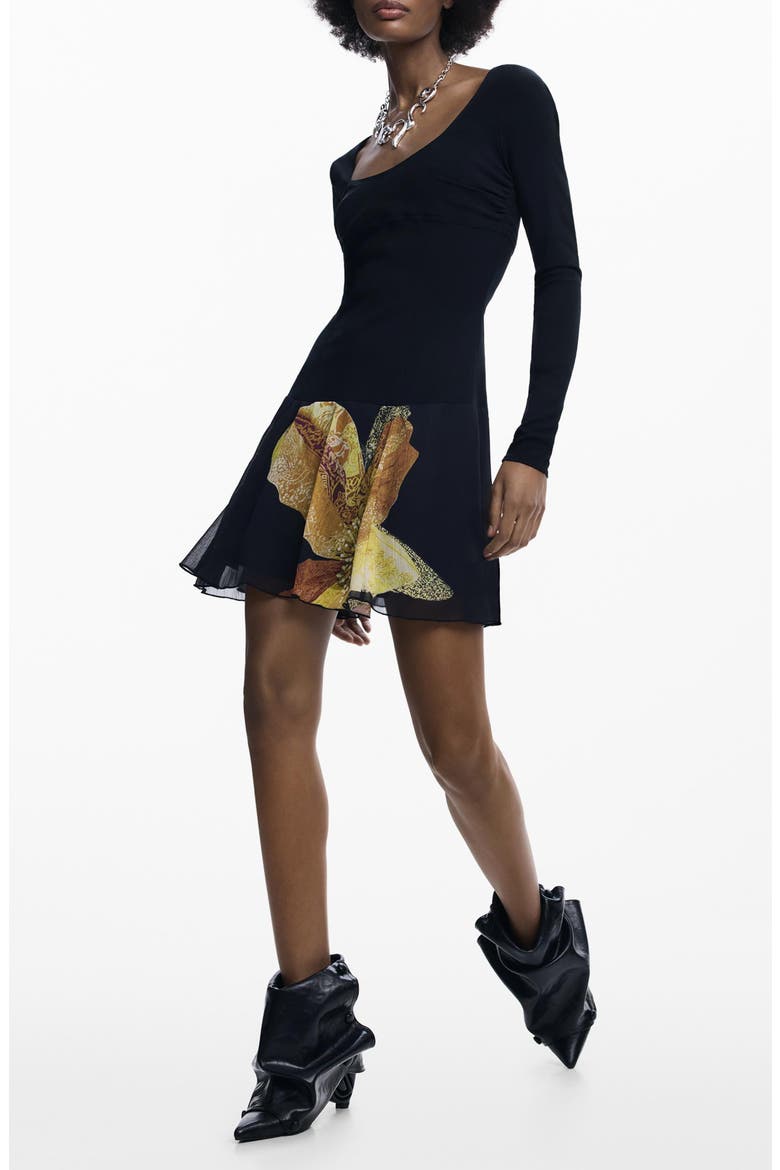 Long Sleeve Minidress, Main, color, BLACK