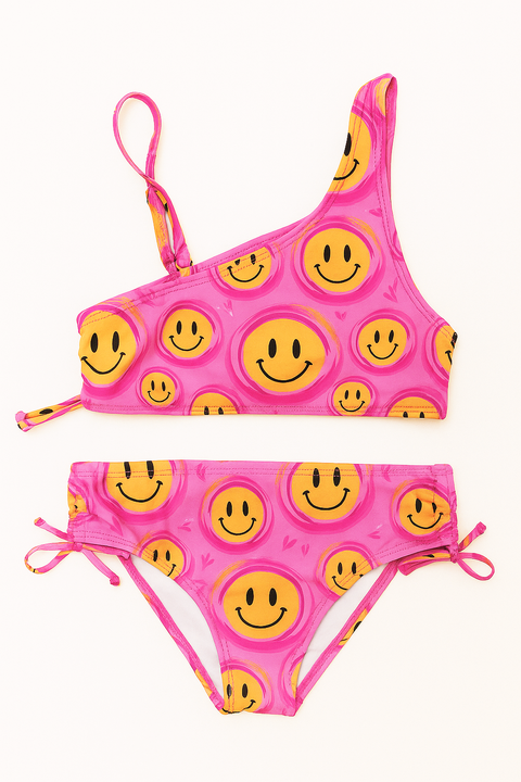 Smiley Face Printed One Shoulder Bikini Swimsuit