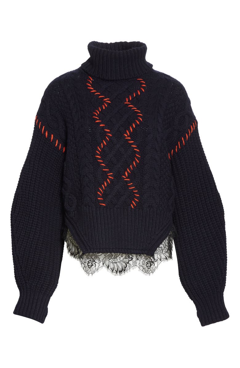 Self-Portrait Lace Trim Cable Knit Cotton & Wool Sweater, Alternate, color, 