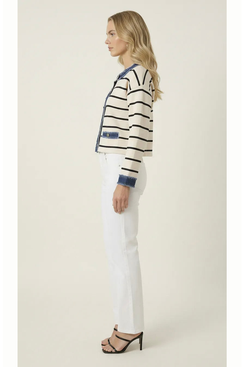 Striped Knit Denim Trim Cardigan, Alternate, color, Cream / Navy Blue