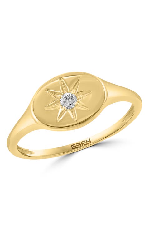 Diamond Starburst Signet Ring in Yellow Gold