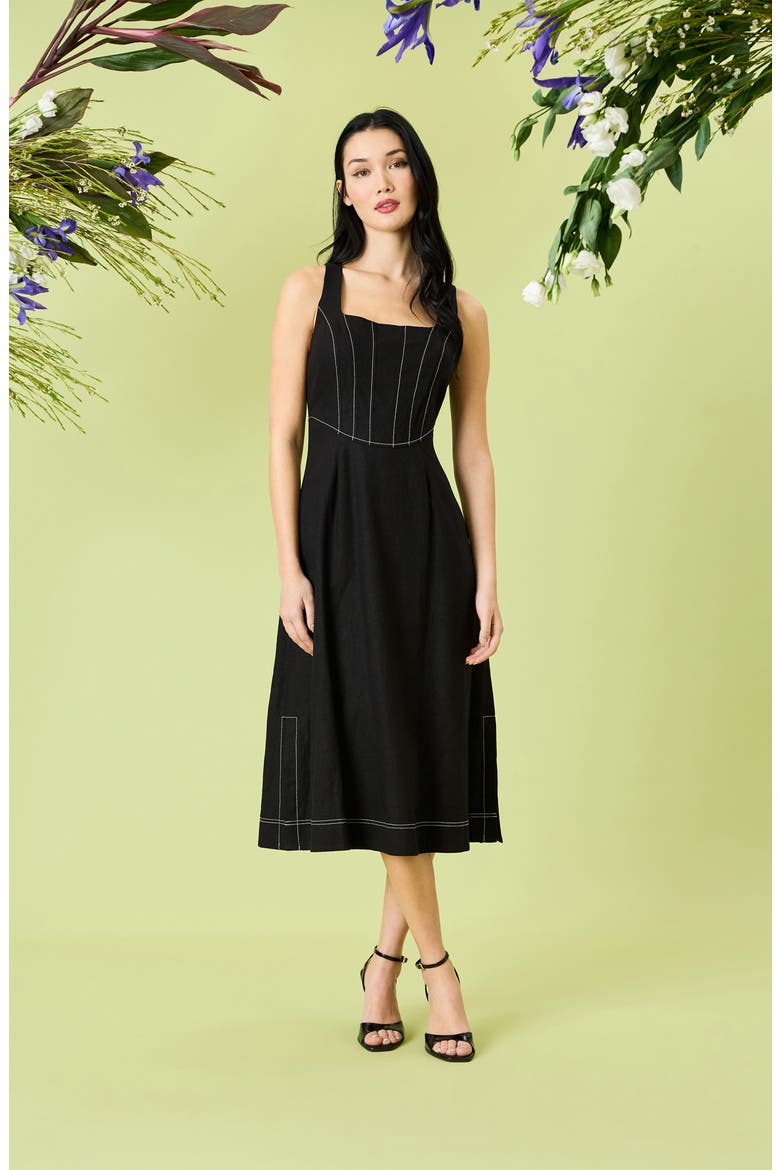 Contrast Topstitch Sleeveless Linen Blend Midi Dress, Alternate, color, BLACK