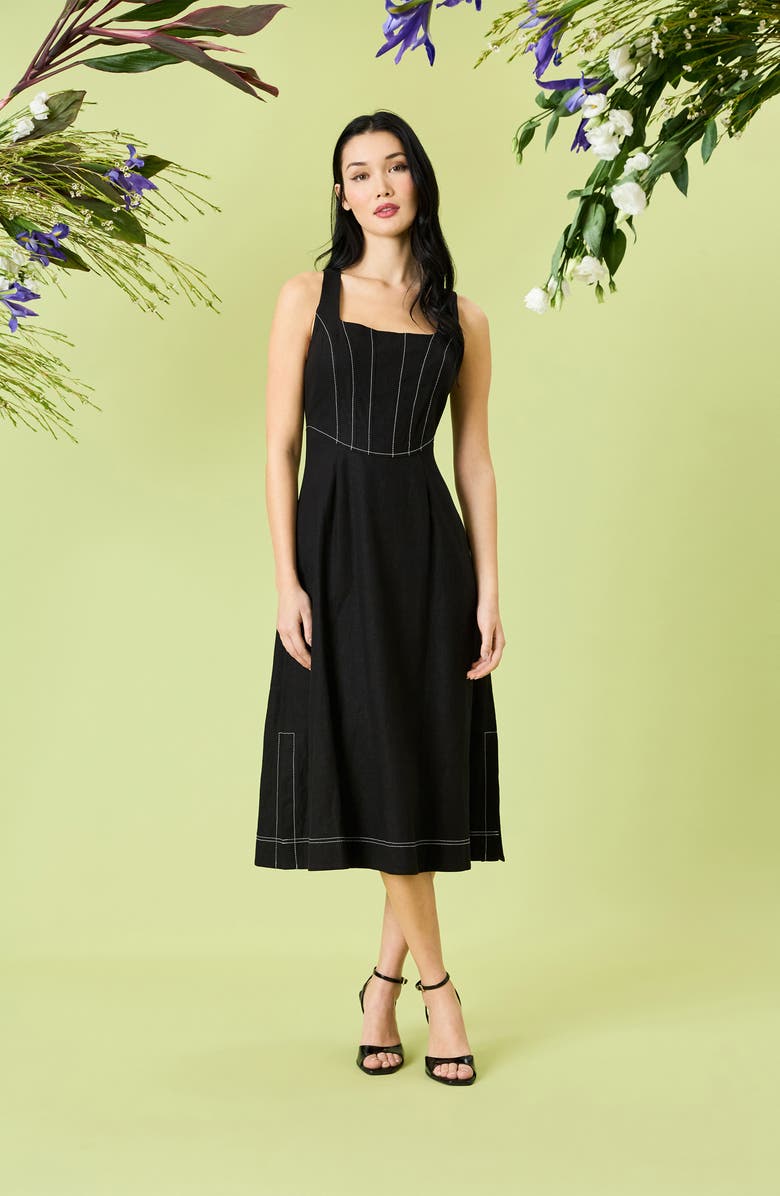 Donna Morgan Contrast Topstitch Sleeveless Linen Blend Midi Dress, Alternate, color,