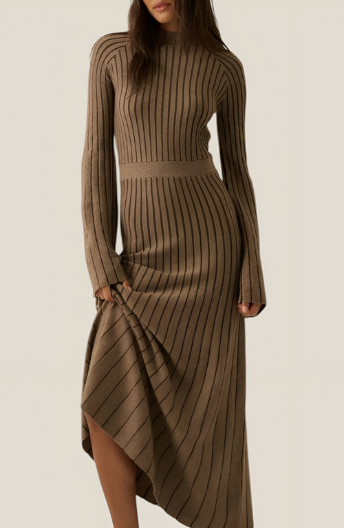 Modenaire Ribbed Knit Long Sleeve Maxi Dress With Flared Cuffs And Fit-and-flare In Brown