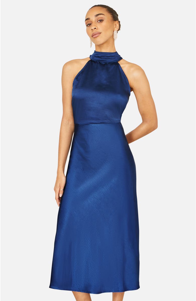 Yumi Satin Halter Neck Midi Dress, Main, color, Navy