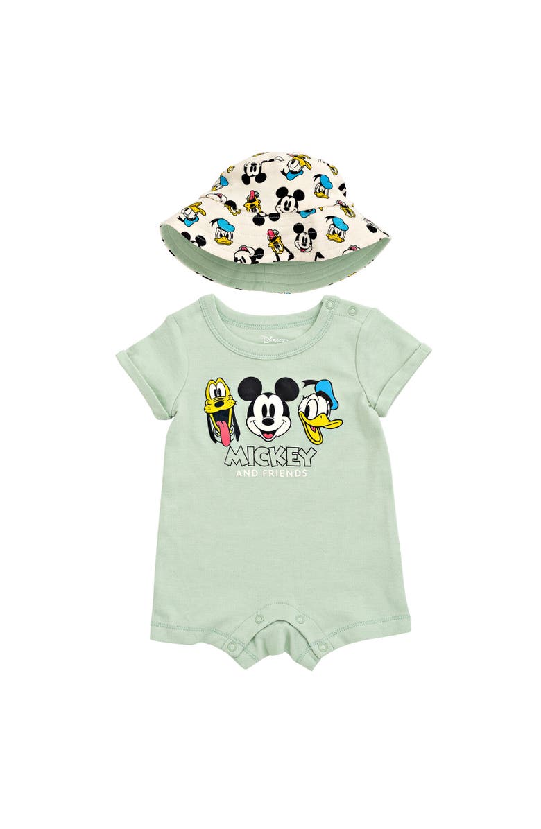 Disney Mickey Mouse 2-Piece Romper and Bucket Hat Set, Main, color, Mickey Friends Mint