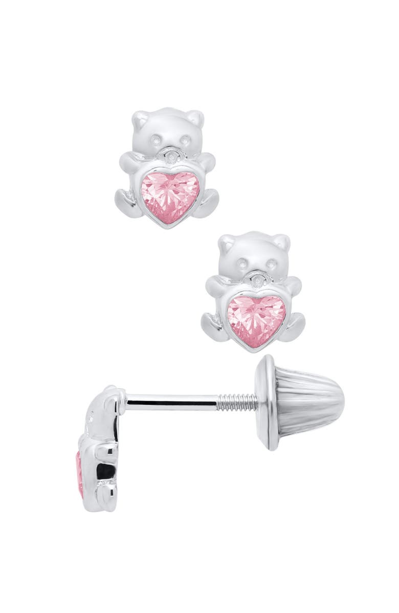 Mia Belle Girls Pink Teddy Silver Stud Earrings, Main, color, Silver