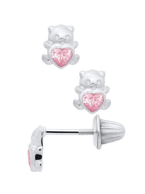 Pink Teddy Silver Stud Earrings (Toddler, Little Kid & Big Kid)