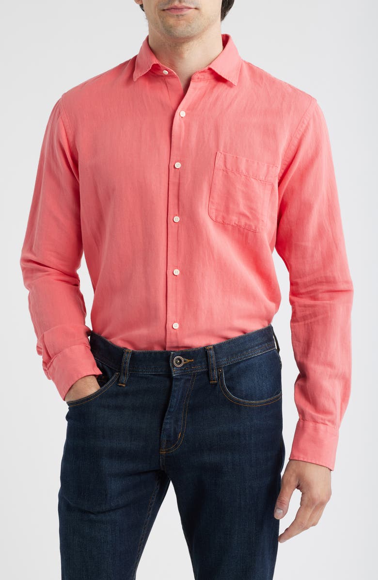 Peter Millar Canal Linen & Cotton Sport Shirt, Main, color, Geranium