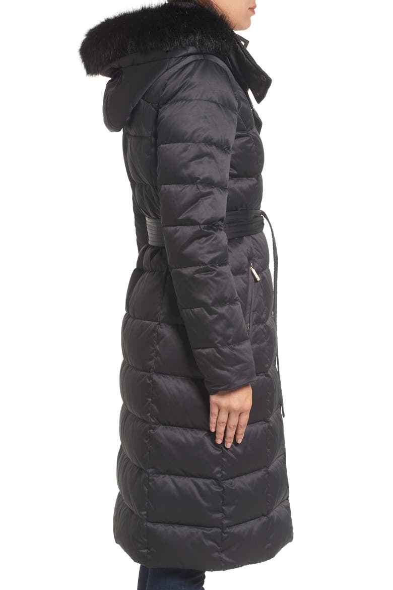 Down Midi Coat with Faux Fur Trim, Alternate, color, BLACK