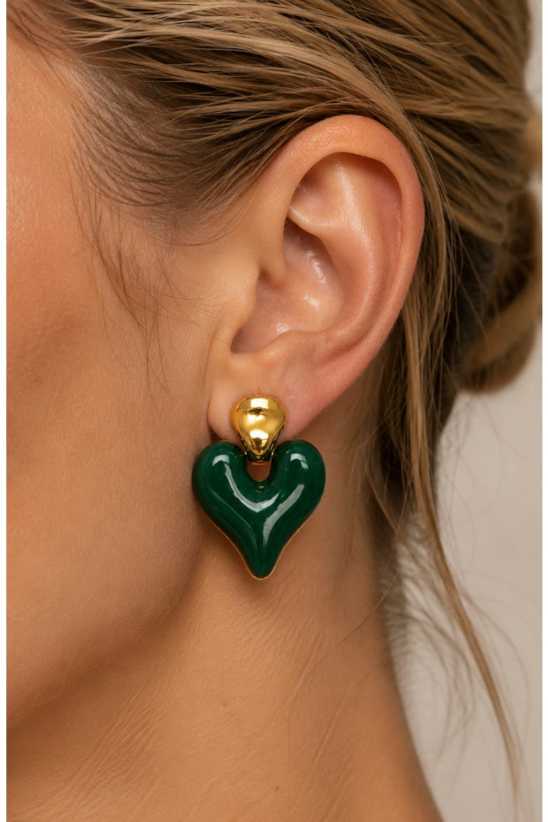 Puffy Heart Drop Earrings, Alternate, color, GOLD/ GREEN