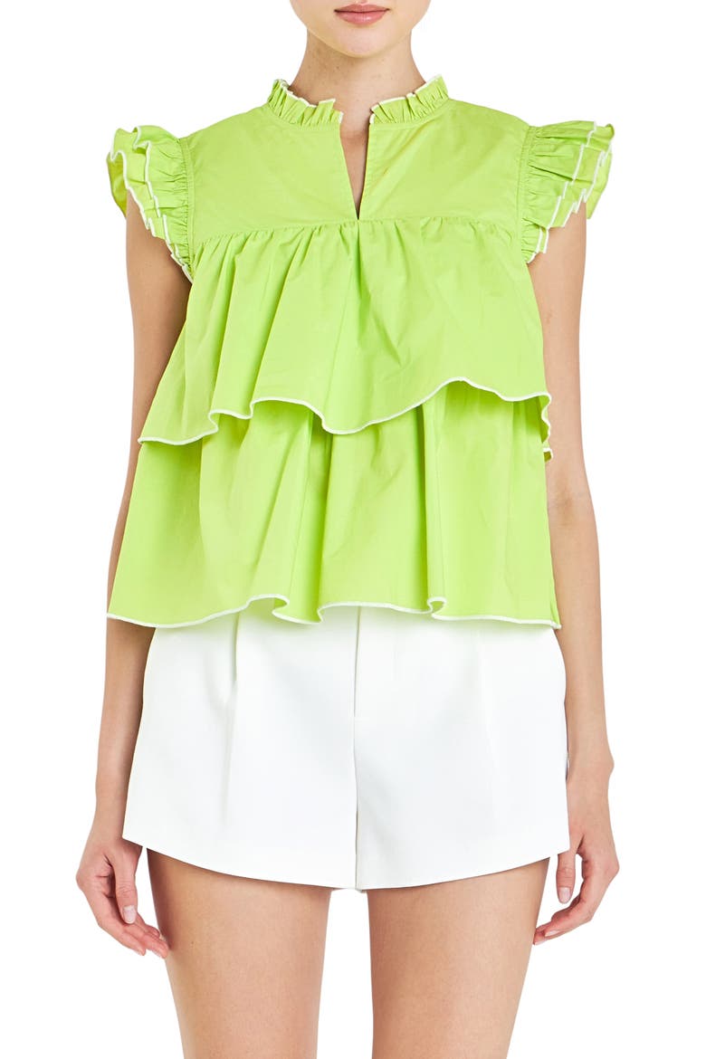 Ruffle Sleeve Tiered Cotton Top, Main, color, LIME