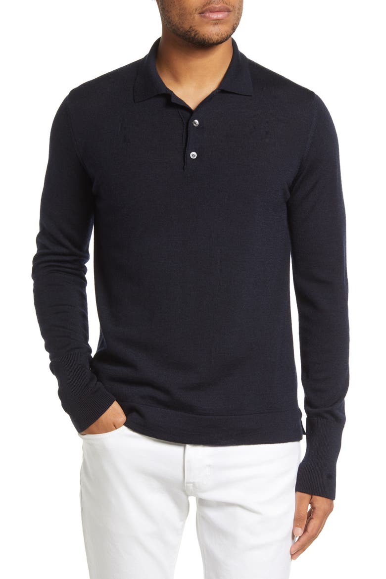 Brutus Long Sleeve Wool & Lyocell Polo, Main, color, NAVY