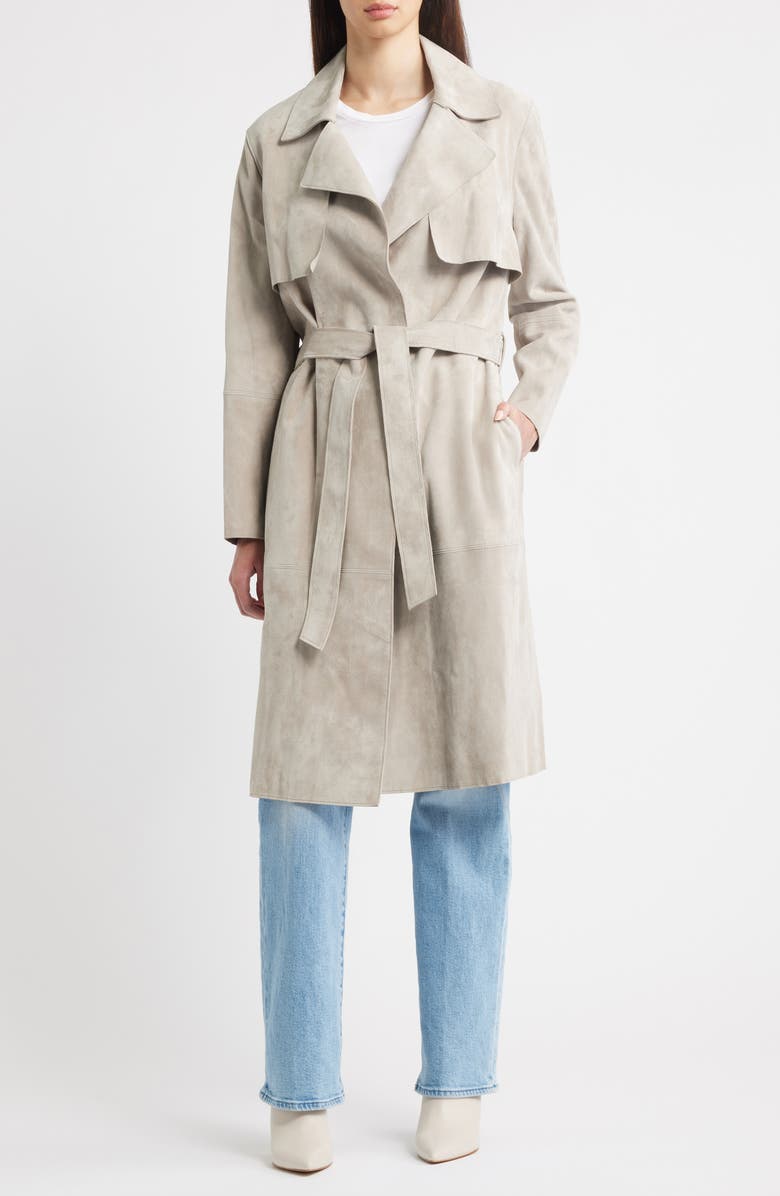 Fleurette Sylvie Suede Wrap Trench Coat, Main, color, Fawn