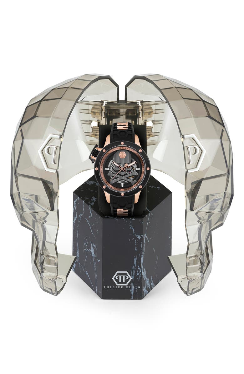 PHILIPP PLEIN Rich Skeleton Silicone Strap Watch, 46mm, Alternate, color, Ip Rose Gold