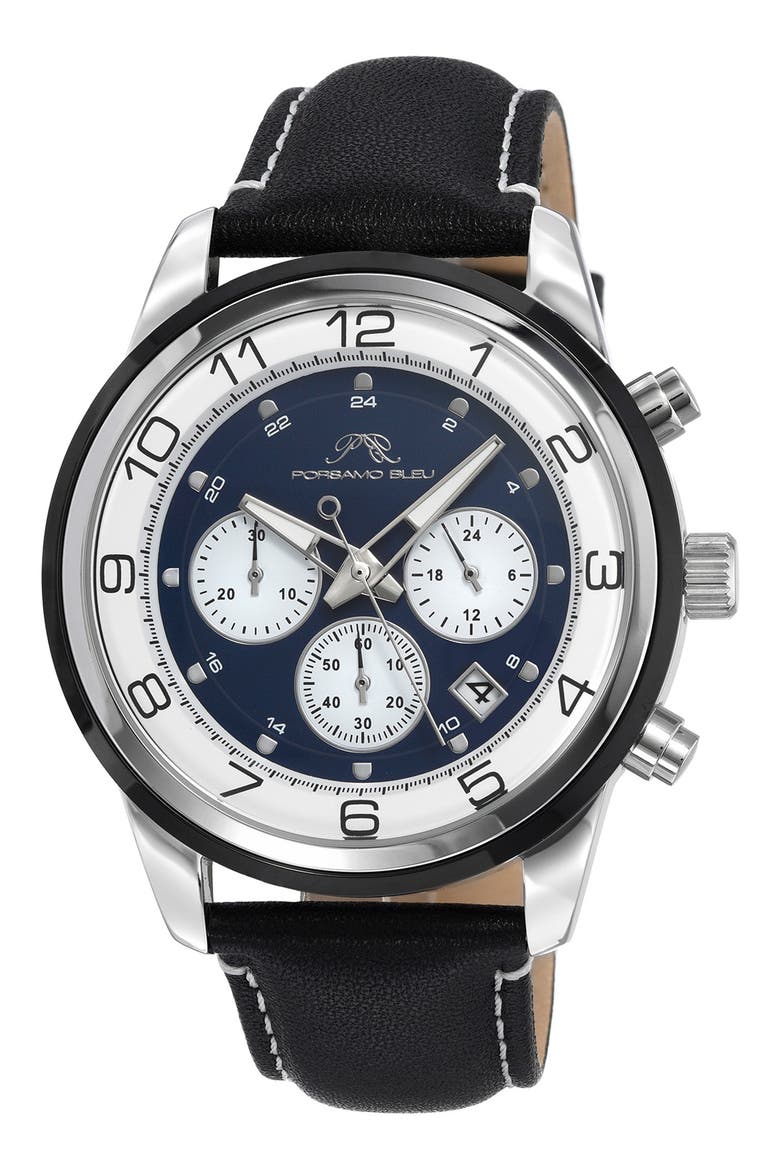 Men's Arthur Chronograph Leather Strap Watch, 44mm, Main, color, SILVER/BLACK /BLUE