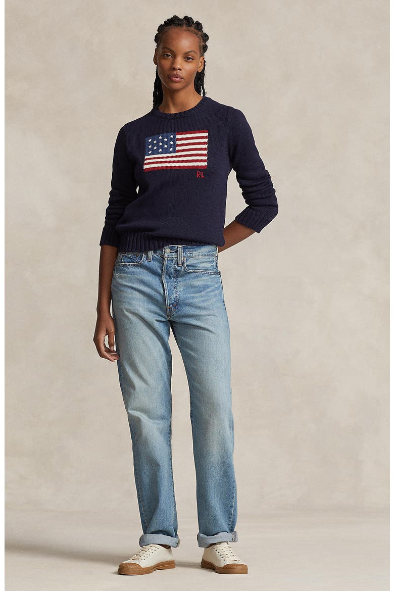 Flag Intarsia Cotton Crewneck Sweater, Alternate, color, NAVY