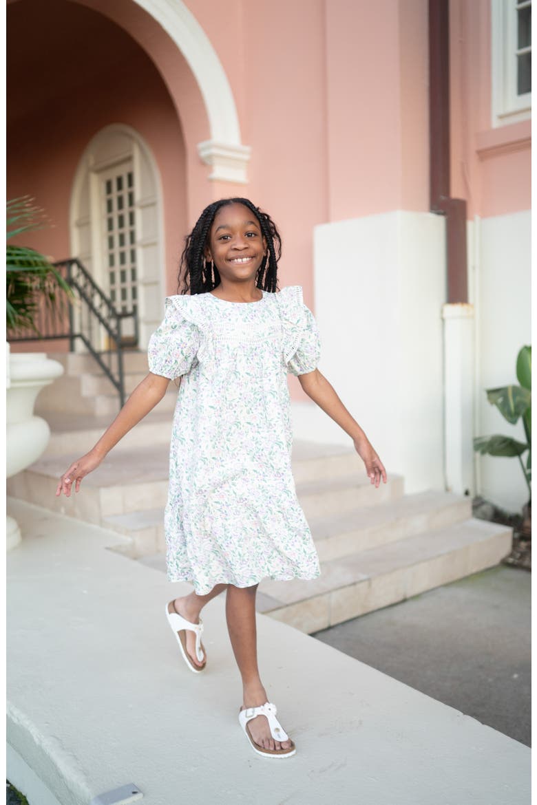 Kids' Floral Print Ruffle Puff Sleeve Dress, Alternate, color, IVORY EGRET LIZZY BROCADE