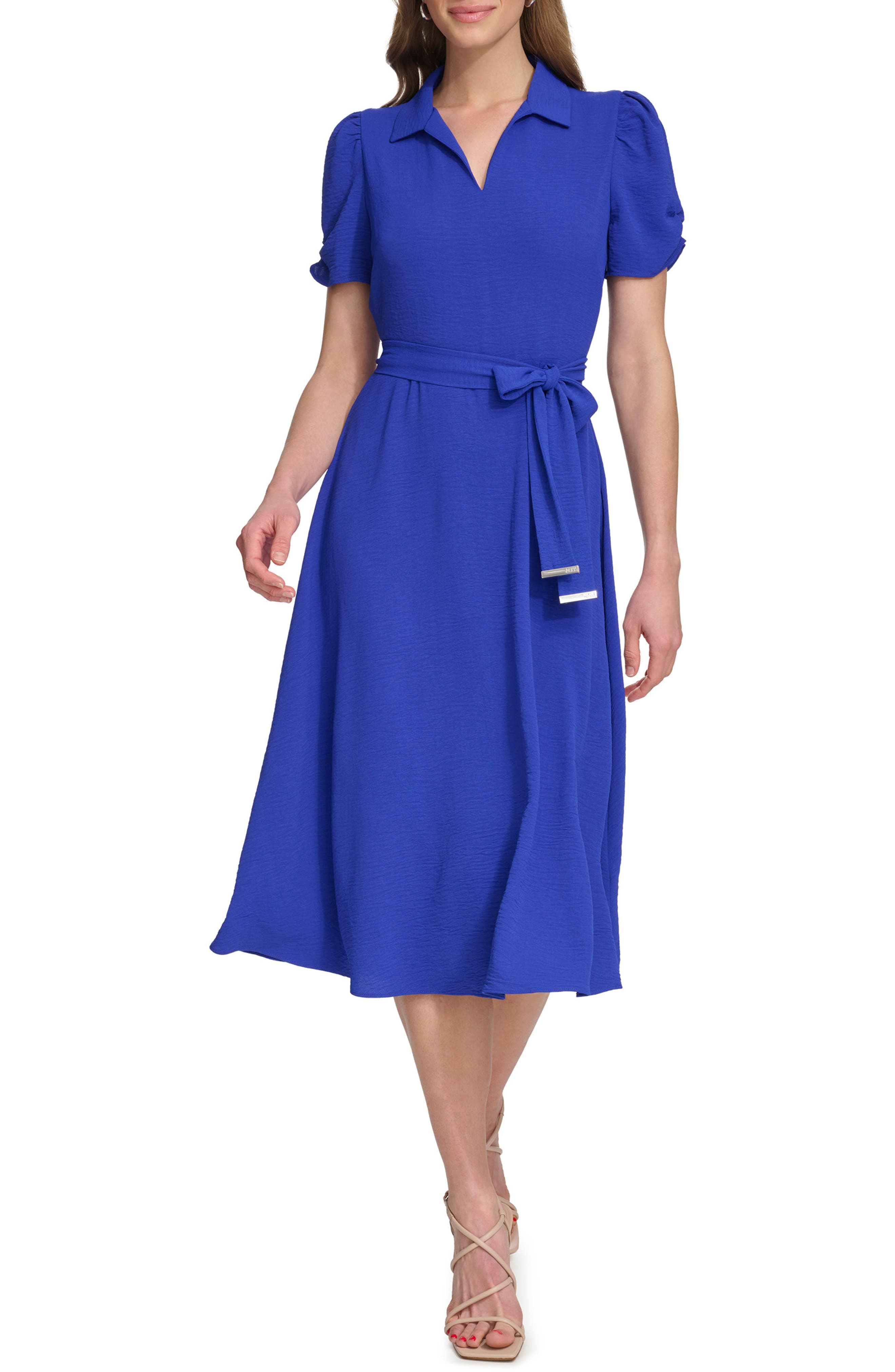 DKNY Collared Tie Waist Midi Dress