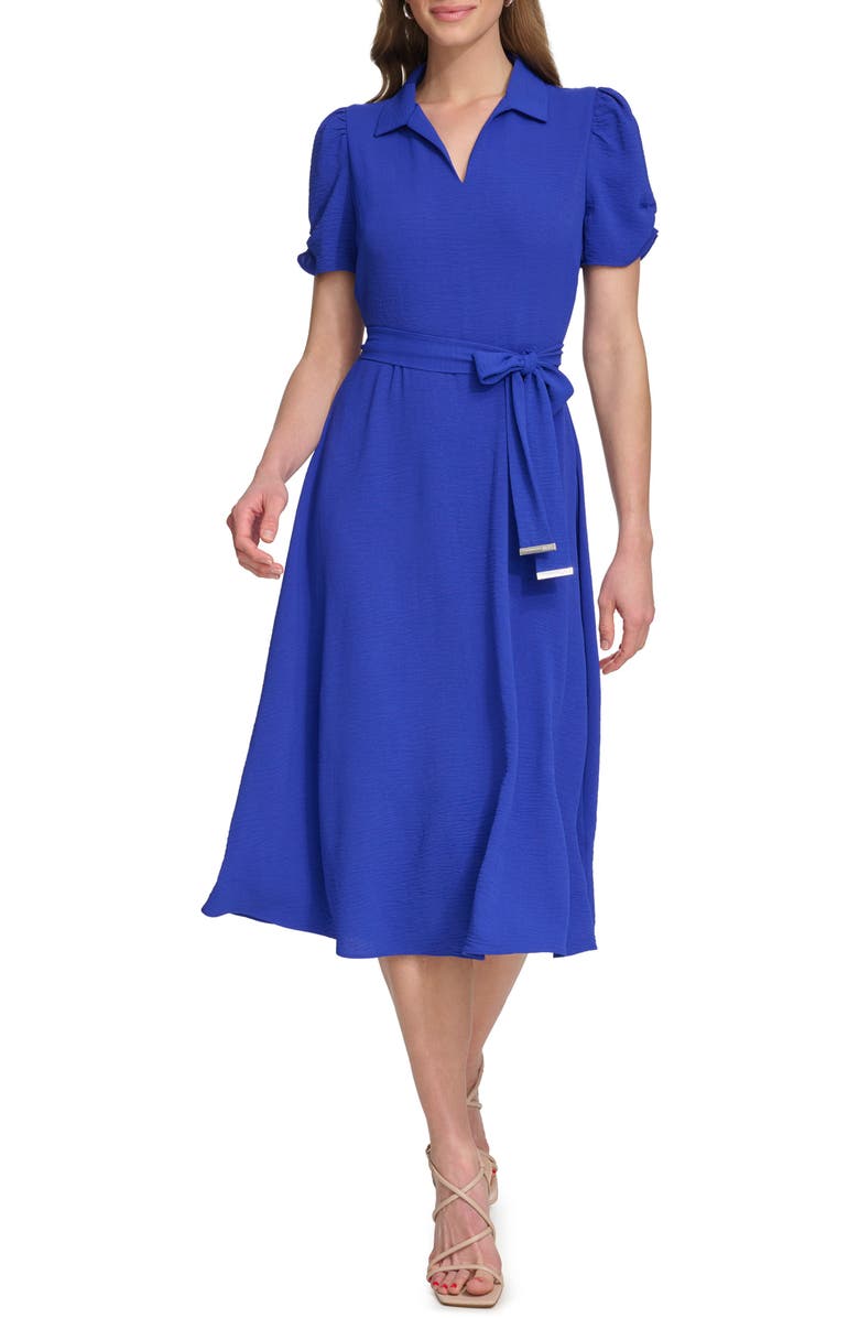 DKNY Collared Tie Waist Midi Dress, Main, color, Iris