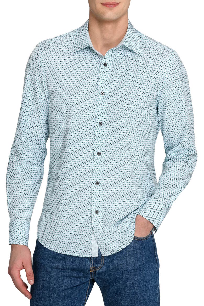 Slim Fit Gem Geo Performance Long Sleeve Shirt, Main, color, WHITE/GREEN