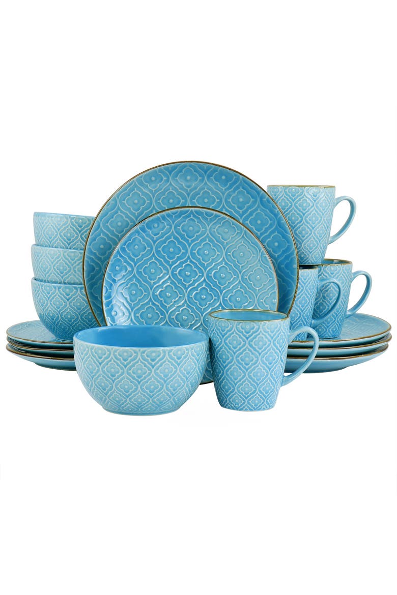 Aqualite 16 Piece Embossed Stoneware Dinnerware Set, Main, color, Teal